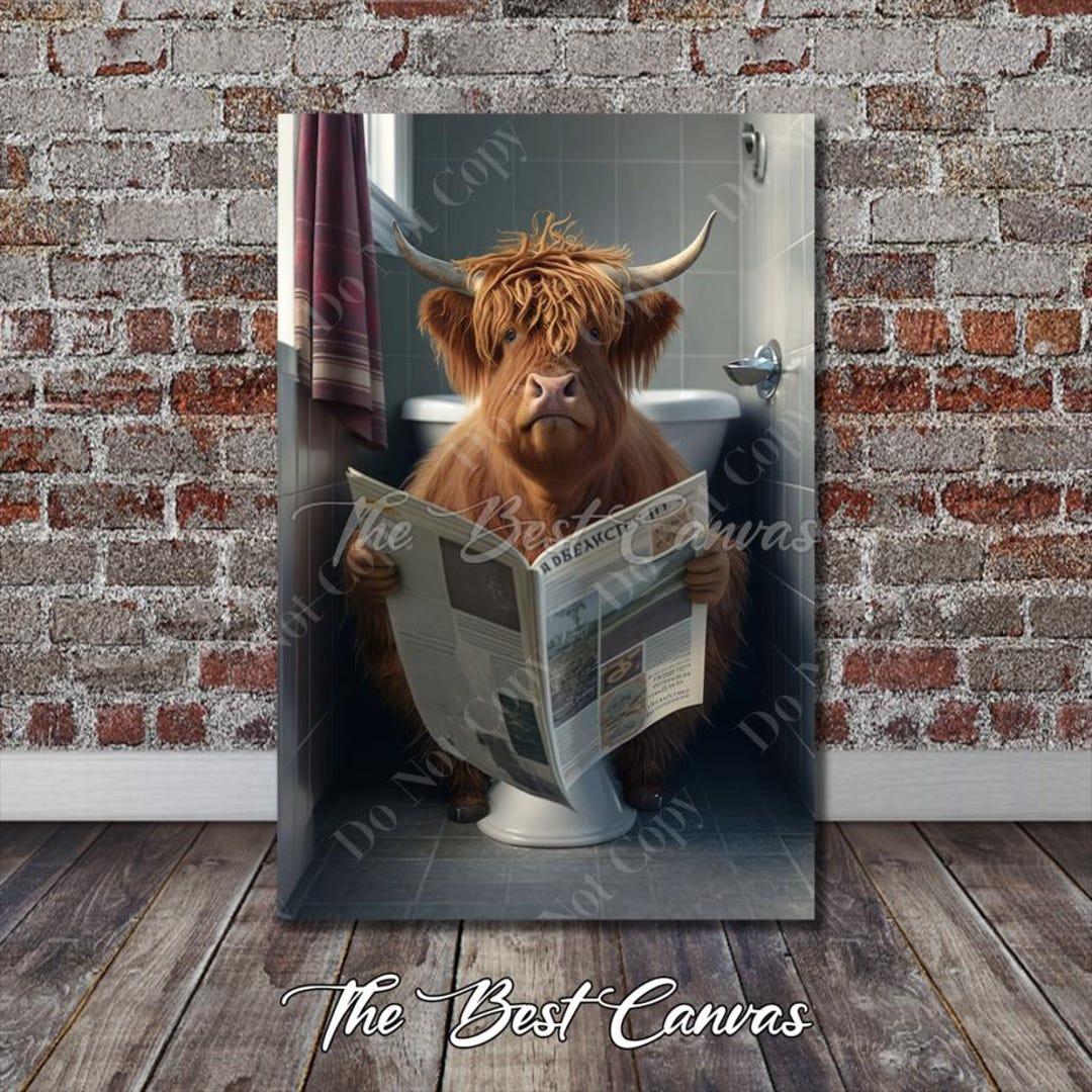 Highland Cow on Toilet Canvas Print : Funny Bathroom Wall Art Decor ...