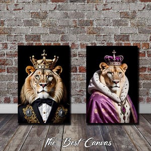 King and Queen Lion Canvas Print Set: Modern Bedroom Wall Art
