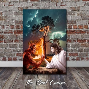 Könnte beinhalten: Leinwanddruck, der ein Armdrücken zwischen Jesus und einem roten Dämon zeigt. Der Hintergrund zeigt einen stürmischen Himmel mit Blitzen und einem brennenden Baum. Der Text "The Best Canvas" befindet sich unten.