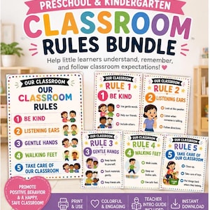 Könnte beinhalten: Ein Klassenzimmer-Regel-Set für Vorschule und Kindergarten mit einem großen Poster und fünf einzelnen Regelschildern. Der Text umfasst "Our Classroom Rules," "Be Kind," "Listening Ears," "Gentle Hands," "Walking Feet," und "Take Care of Our Classroom."