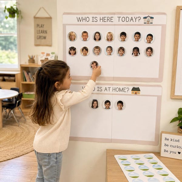 Tabella delle presenze in classe modificabile / Tabellone "Chi è presente oggi?" / Modulo stampabile per le presenze alla scuola materna / Modello Canva / Cerchi con foto e nome