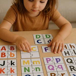 May include: A child is playing with alphabet puzzle pieces on a wooden table. The colorful puzzle pieces feature uppercase and lowercase letters. The child is focused on matching the pieces.