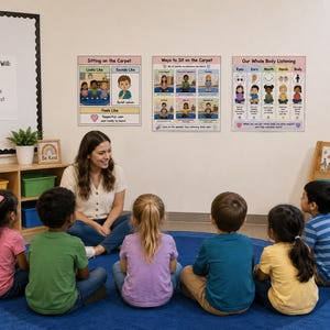 May include: A set of three educational classroom posters titled Sitting on the Carpet, Ways to Sit on the Carpet, and Our Whole Body Listening, featuring colorful illustrations and text to guide children on behavior and active listening skills.