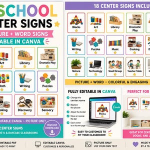 May include: A digital set of 18 preschool center signs featuring colorful borders, illustrations, and text labels for classroom organization. The signs are editable in Canva and include categories like blocks, art, library, and science for educational use.