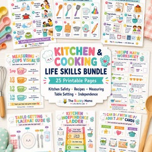 May include: A Kitchen & Cooking Life Skills bundle featuring 25 printable pages with colorful illustrations. The set includes posters for kitchen safety, tool picture cards, parts of a recipe, measuring cups visual, recipe math, table setting, and independence.