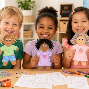 May include: Three paper dolls with yarn hair and googly eyes. The left doll has tan skin, blonde yarn hair, a green shirt, and blue shorts. The centre doll has brown skin, black yarn hair, and a purple dress with a pink heart. The right doll has light skin, multicoloured yarn hair, and a pink dress with a flower.