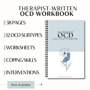 May include: A rectangular print featuring a light blue top section and a white bottom section. The text reads SAY GOODBYE TO OCD & ALL IT'S SH*TTY SUBTYPES. A black line drawing of a flower is centered with blue abstract shapes behind it.