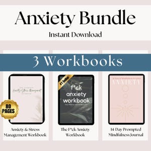 Op de afbeelding: Afbeelding die een angstbundel promoot met de tekst "Anxiety Bundle" en "Instant Download". Het bevat drie werkboeken: "Anxiety & Stress Management Workbook", "The F*ck Anxiety Workbook" en "14-Day Prompted Mindfulness Journal". Het "F*ck Anxiety Workbook" is gelabeld als "#1 Seller".
