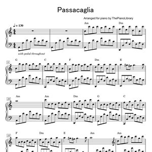 Può includere: Spartíto per pianoforte per un brano intitolato "Passacaglia" arrangiato da ThePianoLibrary. La musica include note, chiavi e battute.