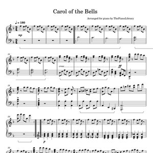 May include: Sheet music for the song "Carol of the Bells" arranged for piano. The music includes notes, clefs, time signatures, and dynamic markings. The title of the song is at the top of the page, and the composer's name is at the bottom.