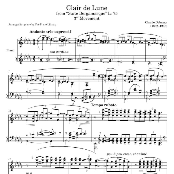 Debussy Clair De Lune (piano Sheet Music) Pdf - Etsy UK