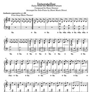 Pode incluir: Partitura musical para a canção "First Step (Main Theme)" do filme "Interstellar" composta por Hans Zimmer. A música é arranjada para piano solo.