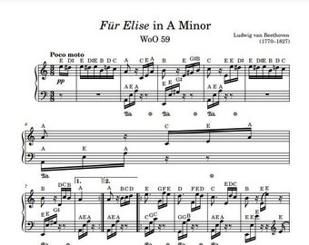 Fur Elise in A Minor - Beethoven - Note Names - Piano Sheet Music