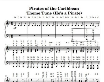 Pirates of The Caribbean Theme Tune - He's a Pirate - Note Names - Piano Sheet Music