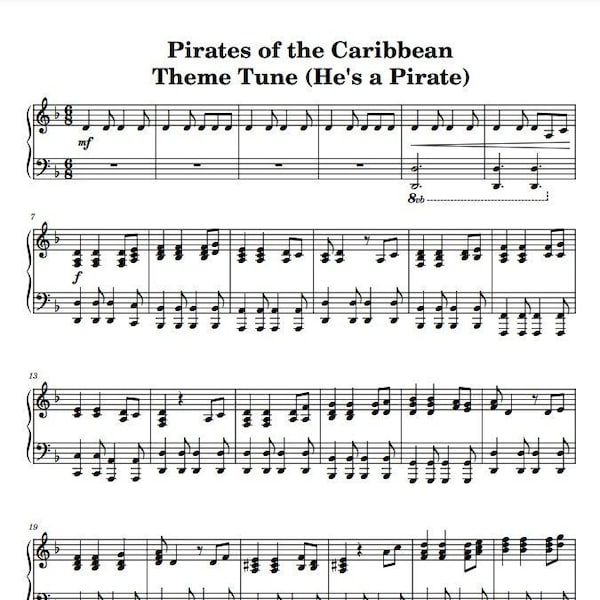 Pirates of The Caribbean Theme Tune - He's a Pirate - Piano Sheet Music