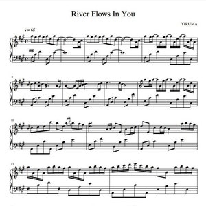 May include: Sheet music for the piano piece "River Flows In You" by Yiruma. The music is written in standard notation with treble and bass clefs. The tempo is marked as = 65.