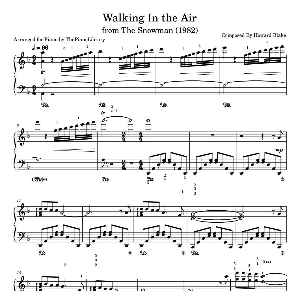 Walking in the Air - the Snowman - Howard Blake - Piano Sheet Music - Etsy