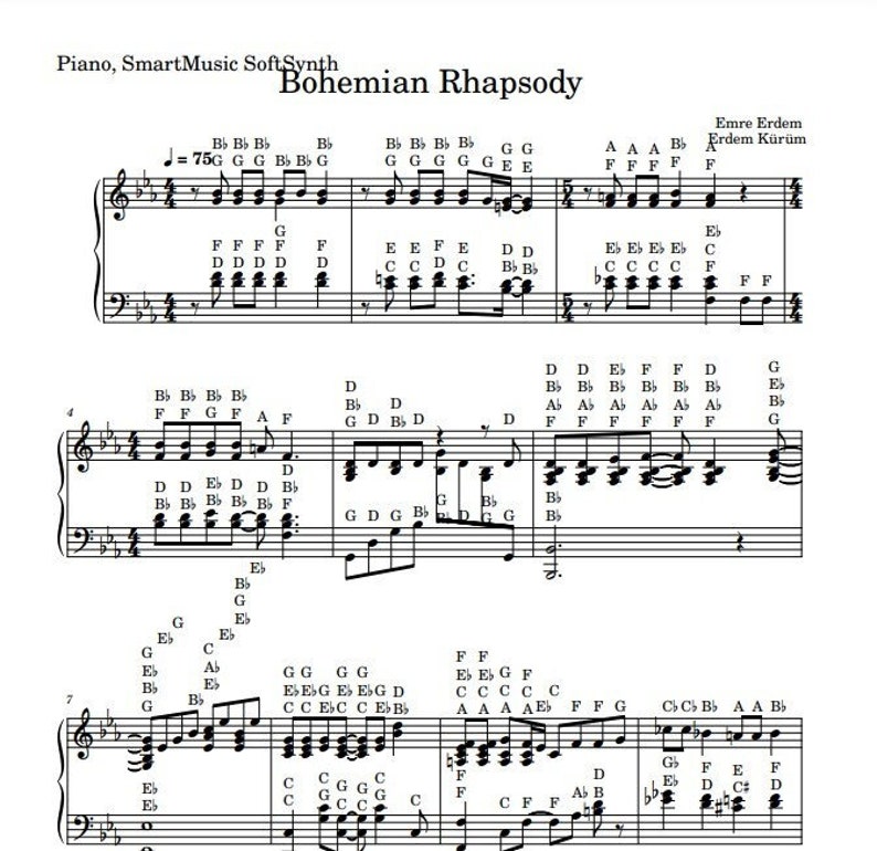 Bohemian Rhapsody note Names Sheet Music Piano Etsy