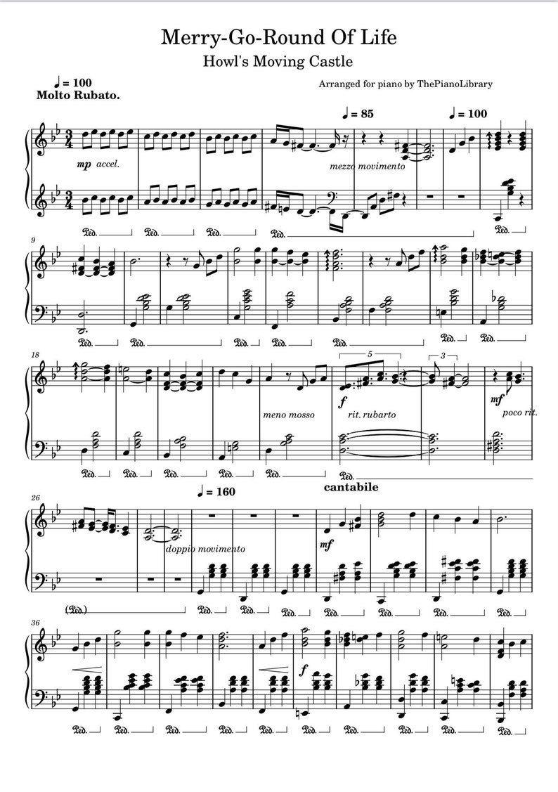 May include: Sheet music for piano with the title "Merry-Go-Round Of Life" and the subtitle "Howl's Moving Castle". The music is arranged for piano by ThePianoLibrary. The music includes a tempo marking of J=100 and the words "Molto Rubato".