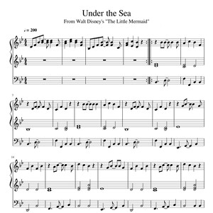 Puede incluir: Partitura de la canción "Bajo el mar" de la película de Disney "La Sirenita". La música está escrita en clave de sol e incluye notas para ambas manos, derecha e izquierda.