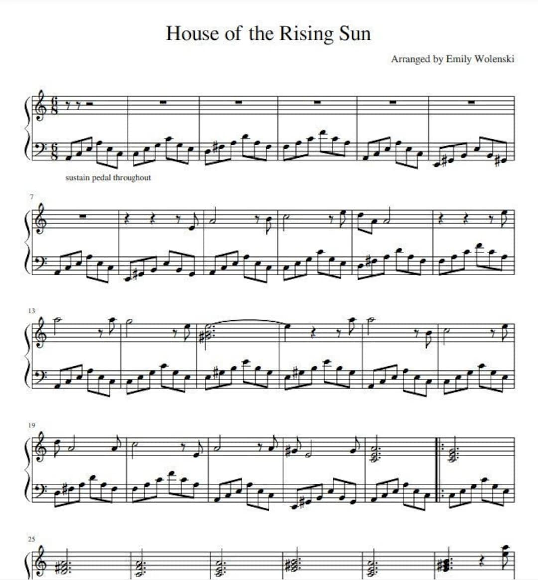 House of the Rising Sun Piano Sheet Music Etsy