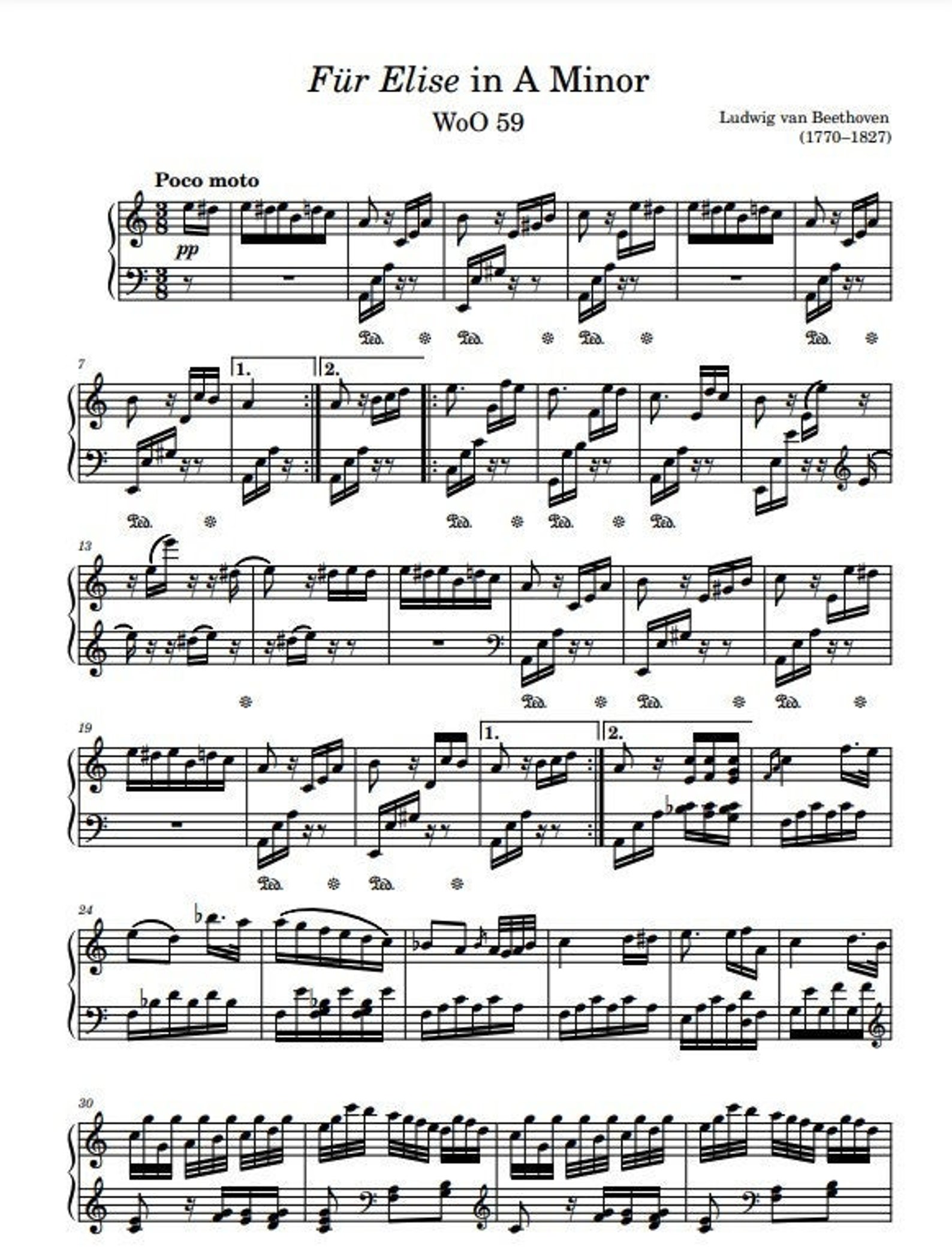 Fur Elise - Sheet Music Piano - Etsy