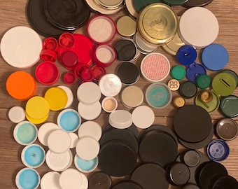 100+ Recycled Bottle Caps, Mixed Color Bottle Caps, Recycled Plastic Bottle Caps, Craft Supply Lids for DIY-Projects, Recycled Plastic lids.