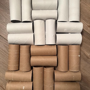 May include: A collection of twenty-four empty cardboard toilet paper rolls arranged in a grid pattern. The top half consists of twelve light gray rolls, while the bottom half features twelve brown rolls, all cylindrical in shape.