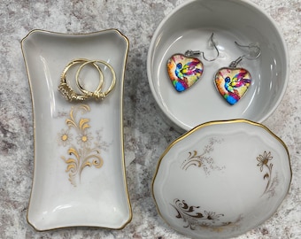 Vintage Schirnding Porcelain Trinket Dishes Set, Gold Floral Jewelry Box