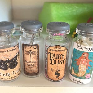 May include: Four small glass jars with gray lids, each labeled with whimsical designs. One reads "Moth Dust," another "Dragonfly Wings," a third "Fairy Dust," and the last "Mermaid Scales." The jars contain various contents, including what appears to be moth wings and small shells.