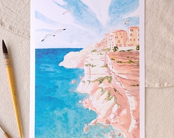 Kunstdruk van Bonifacio - aquarel van Corsica