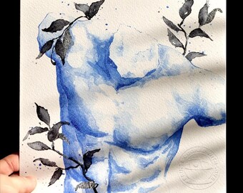 Watercolor reproduction “The blue bust” - printed poster - decoration - wall print - mystical statue - sculpture - ecology