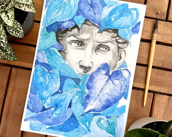 Misty Forest watercolor reproduction - printed poster -decoration - poster - wall print - mystical statue - sculpture - leaf - ecology