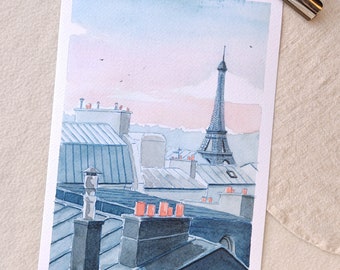 Fine art print of Paris in watercolour - The Roofs of Paris - Poster - France - Travel - Eiffel Tower