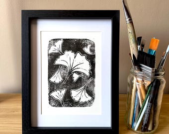 Original Linocut “Ginkgo Leaves” Handprint - Original design - Linocut - foliage illustration