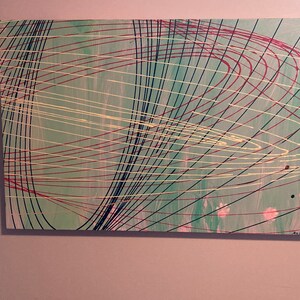 May include: Abstract painting with a green background and a variety of black, red, and yellow lines. The lines are arranged in a swirling pattern, creating a sense of movement and energy.