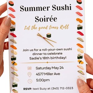 Convite editável para festa de sushi • Faça seu próprio sushi de aniversário • Modelo de festa de verão do Canva • Convite de aniversário para adolescentes para impressão