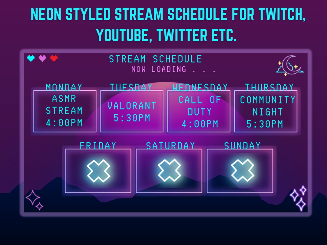 Twitch Stream Scheduleneon Styled Stream Scheduleyoutube Scheduledigital Schedule Etsy
