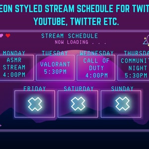 Peut inclure: Horaire de diffusion de style néon pour Twitch, YouTube, Twitter, etc. avec les jours de la semaine et les heures indiqués. L'horaire comprend ASMR Stream, Valorant, Call of Duty, Community Night et d'autres activités.