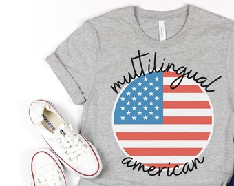 Multilingual American Patriotic Red White and Blue Spanish Teacher Tee Shirt Bilingual Teacher Dual Language Instruction Tshirt America