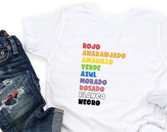 Los Colores Rainbow Tee Spanish T Shirt Bilingual Language Multilingual Dual Language Toddler Short Sleeve Tee