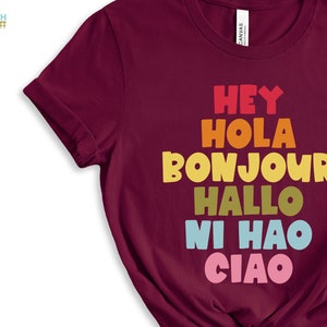 Hey Hola Bonjour Hallo Ni Hao Ciao Retro Greetings Tee Spanish Teacher Shirt Bilingual Teacher Dual Language Instruction Teacher Tee image 2