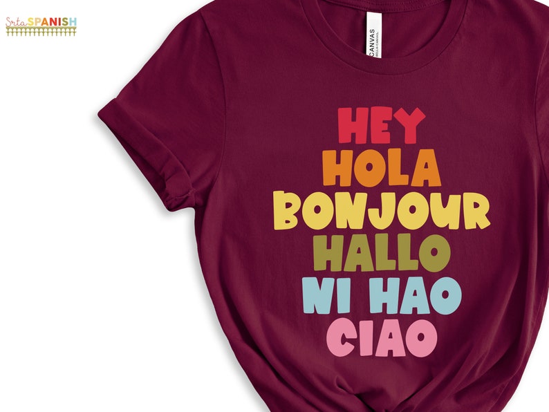 Hey Hola Bonjour Hallo Ni Hao Ciao Retro Greetings Tee Spanish Teacher Shirt Bilingual Teacher Dual Language Instruction Teacher Tee image 2