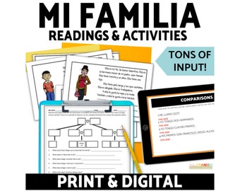 Può includere: Una risorsa di apprendimento della lingua spagnola digitale e stampabile per insegnare la famiglia. L'immagine mostra un tablet con un'attività di albero genealogico, una clipboard con un foglio di lavoro di albero genealogico e diverse pagine di materiale di lettura. Il testo "MI FAMILIA READINGS & ACTIVITIES" è nella parte superiore dell'immagine. Il testo "TONS OF INPUT!" è in una casella blu. Il testo "PRINT & DIGITAL" è nella parte inferiore dell'immagine.