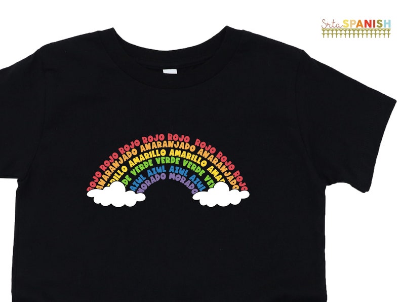 Los Colores Vocabulary Rainbow Tee T Shirt Bilingual Language Multilingual Dual Language Toddler Short Sleeve Tee image 1