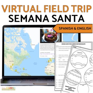 May include: A virtual field trip to learn about Semana Santa, a Spanish and English resource for teachers. The image shows a laptop screen with a map of the Americas, a photo of a cake, and a worksheet with questions about the holiday.