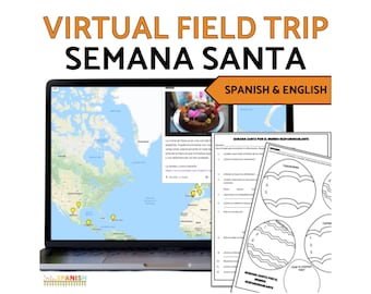 Può includere: Un viaggio virtuale per imparare la Semana Santa, una risorsa in spagnolo e inglese per gli insegnanti. L'immagine mostra uno schermo di laptop con una mappa delle Americhe, una foto di una torta e un foglio di lavoro con domande sulla festa.