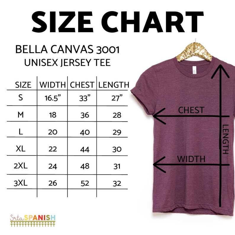 Puede incluir: Tabla de tallas para una camiseta de jersey unisex Bella Canvas 3001. La tabla muestra las medidas de ancho, pecho y largo en pulgadas para las tallas S, M, L, XL, 2XL y 3XL.