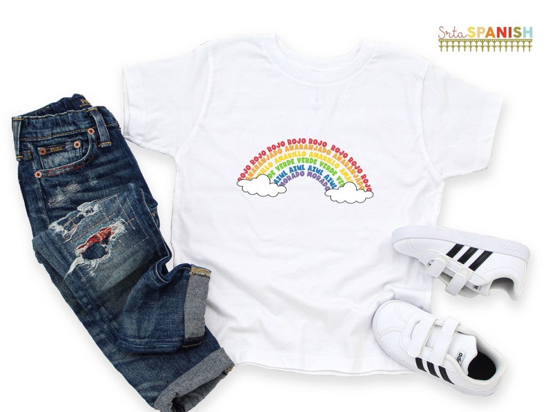 Los Colores Vocabulary Rainbow Tee T Shirt Bilingual Language Multilingual Dual Language Toddler Short Sleeve Tee image 9