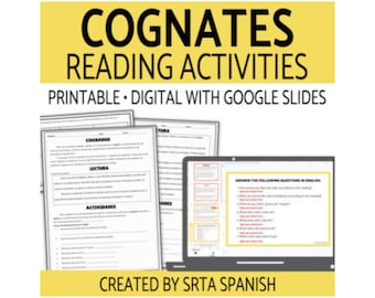 Può includere: Una risorsa di attività di lettura stampabile e digitale in giallo e nero per imparare i cognates spagnoli. Il titolo è "Cognates Reading Activities" e il sottotitolo è "Printable - Digital with Google Slides". La risorsa è creata da "SRTA Spanish".